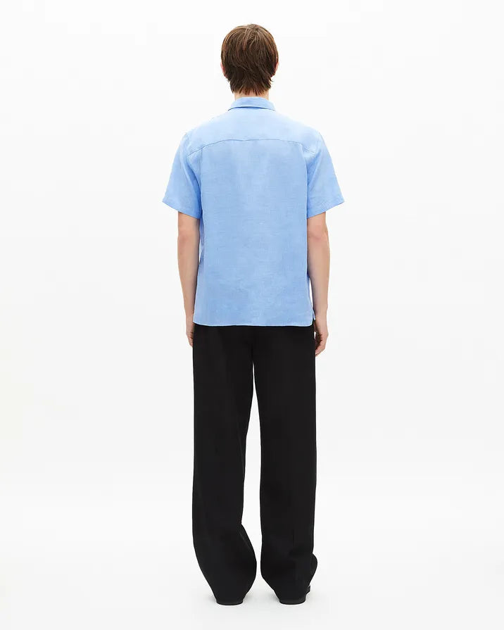 Short-sleeved blue linen shirt
