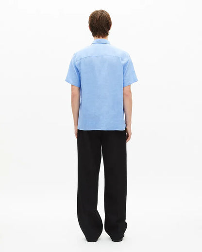Short-sleeved blue linen shirt