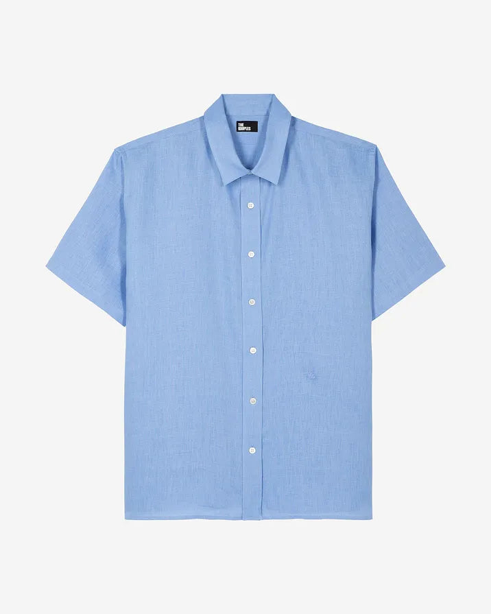 Short-sleeved blue linen shirt