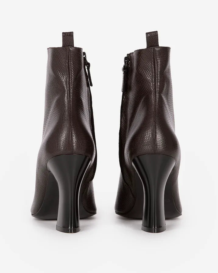 Brown lizard-effect leather ankle boots