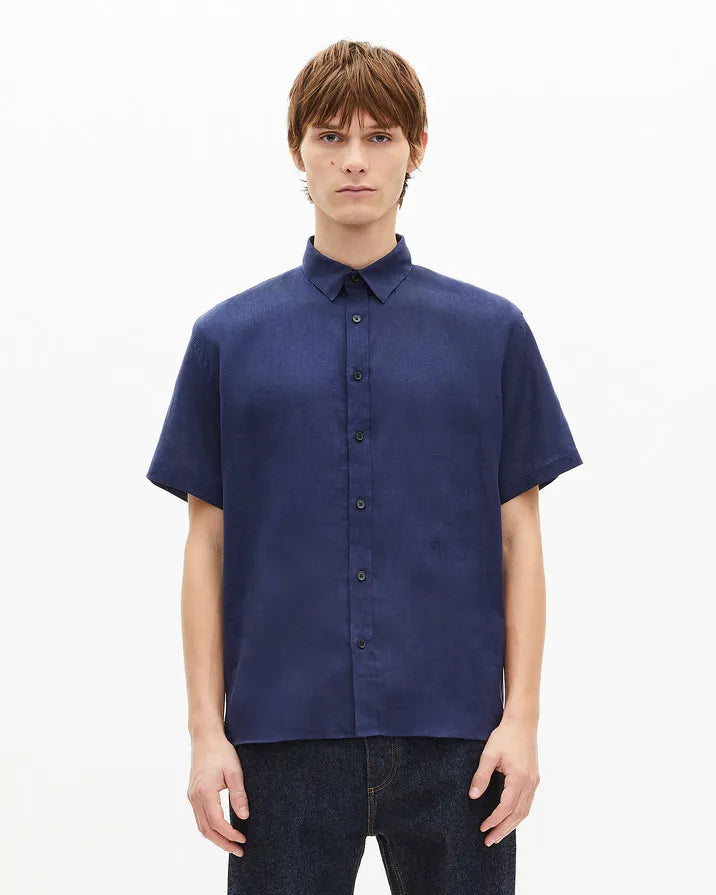 Short-sleeved navy linen shirt