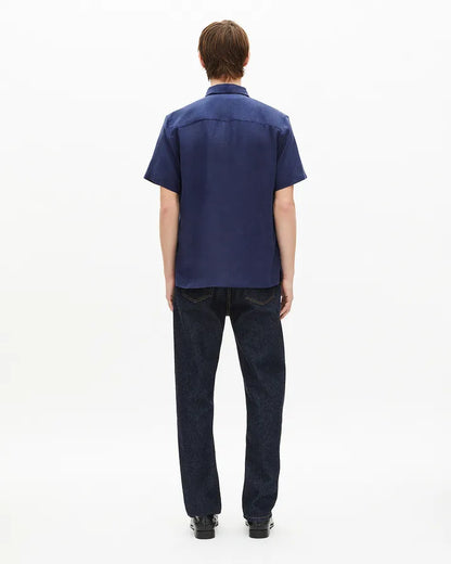 Short-sleeved navy linen shirt