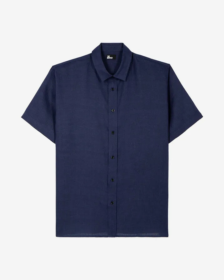 Short-sleeved navy linen shirt