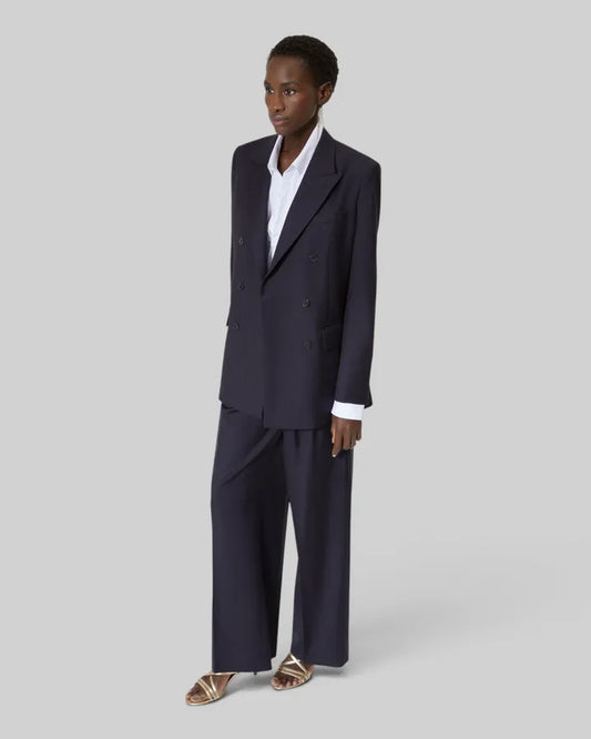 Wide-leg wool suit pants in navy stripes