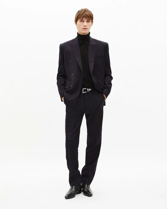 Navy pinstripe double-breasted suit jacket