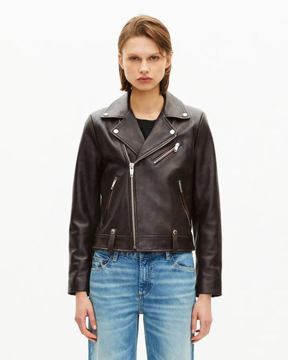 Brown leather biker jacket