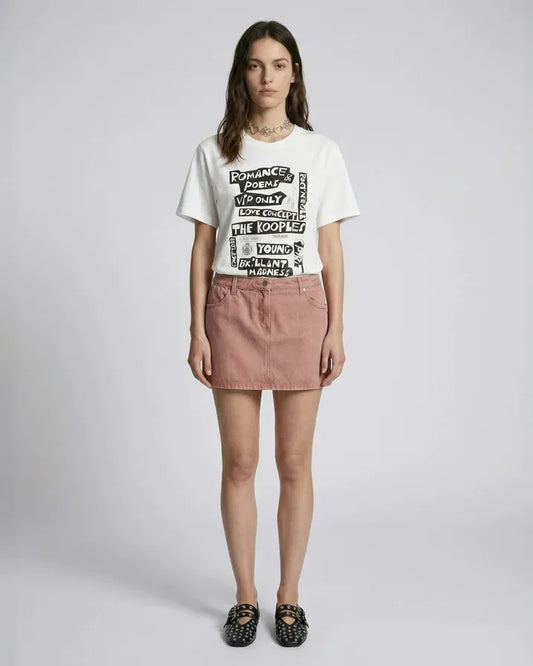 Short pink denim skirt