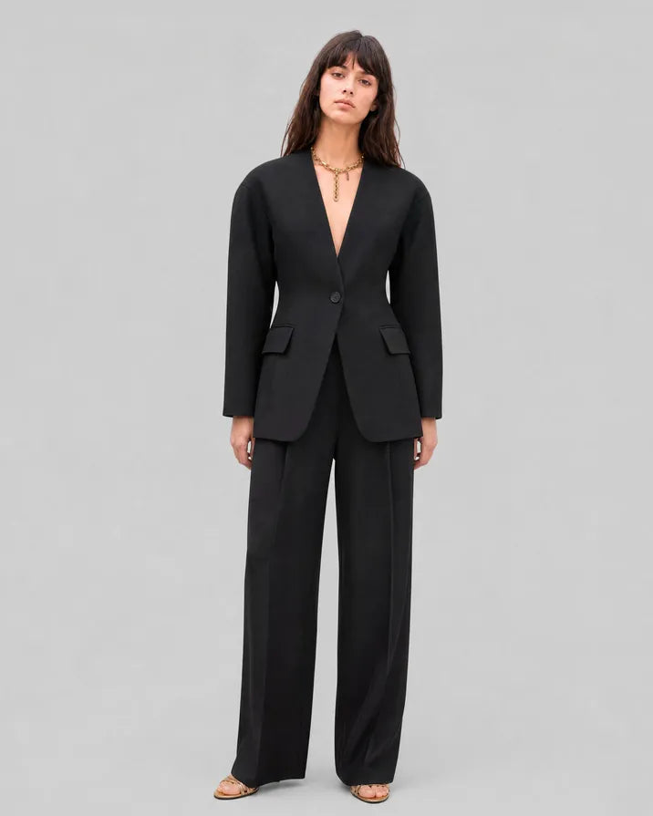 Black collarless wool jacket