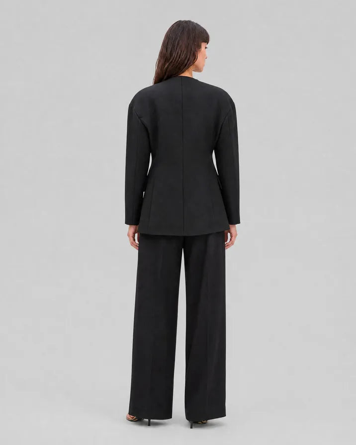 Black collarless wool jacket