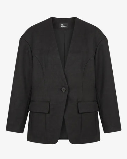 Black collarless wool jacket