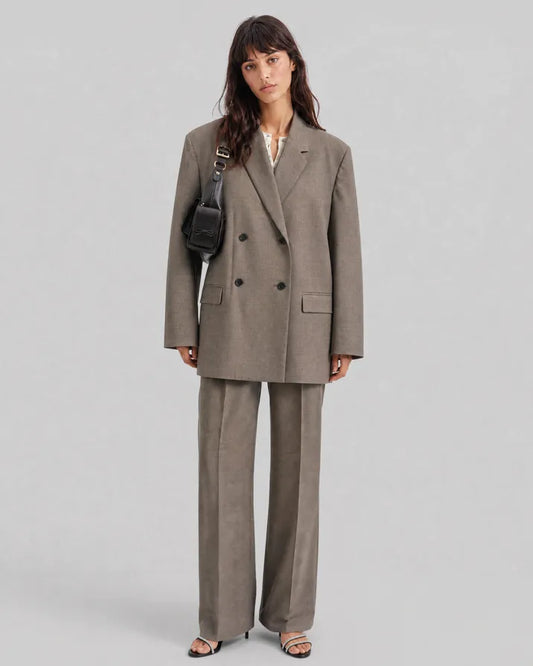 Wide-leg beige wool suit pants