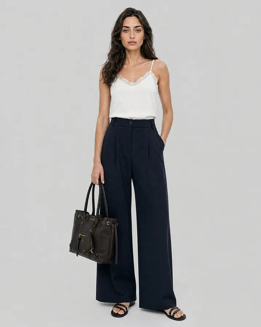 Wide-leg tailored pants in navy wool blend