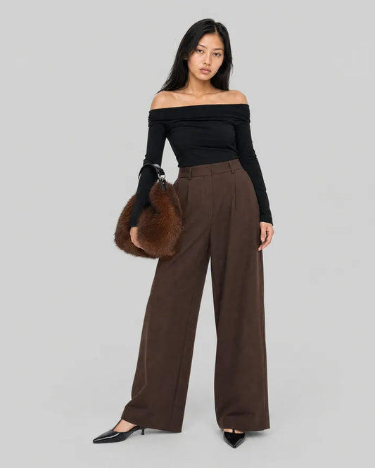 Wide-leg brown wool suit pants
