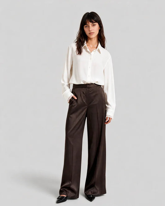 Wide-leg brown satin pants