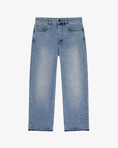Light blue straight-leg jeans with raw-edge hems