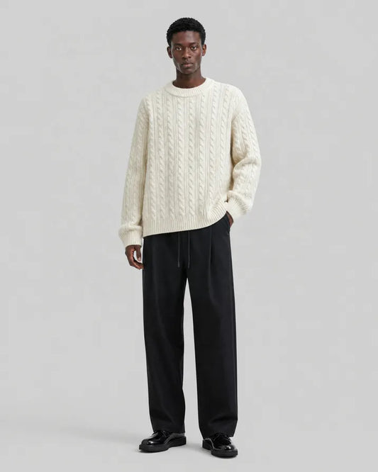 Ecru Wool Cable-Knit Crew Neck Sweater
