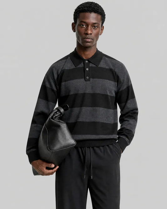 Gray Striped Wool Polo-Neck Sweater