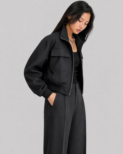Black wool-blend zip-up jacket