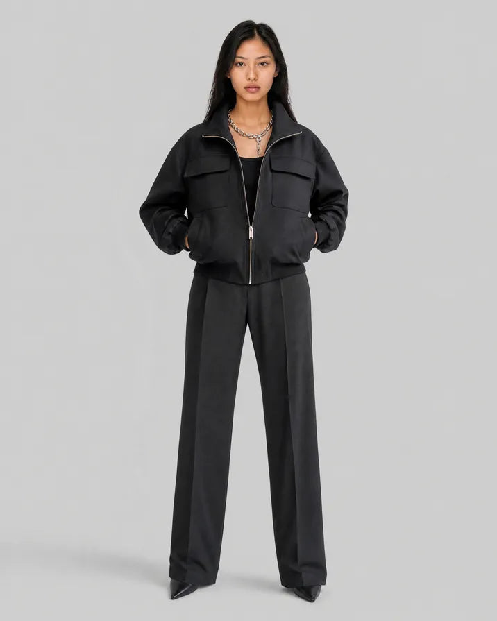 Black wool-blend zip-up jacket