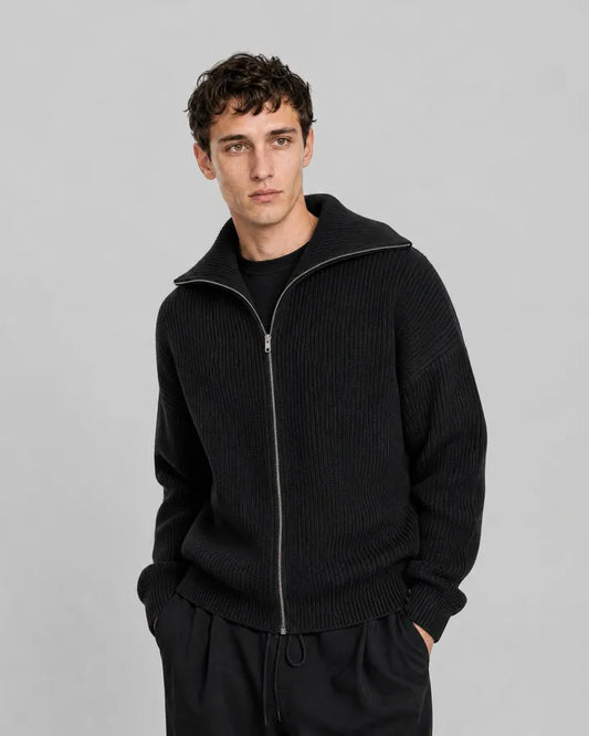 Black wool zip-up cardigan