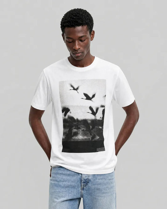 White T-shirt with screen-printed birds